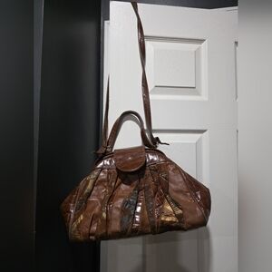 Vtg Brown Patchwork Croc Embossed Shoulder Bag 15x9 Mixed Media Pattern